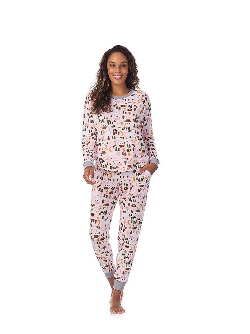 Cuddl Duds Pink Forest Print Sweater Knit Pajama Jogger Set, XXL, NEW